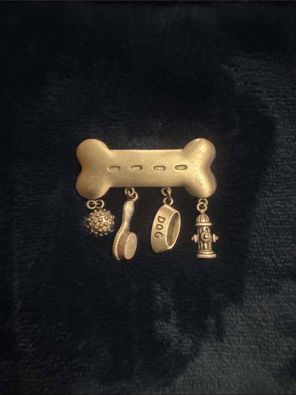 Silver tone Dog Bone Charm Brooch with Dog Collar & Toy Charms